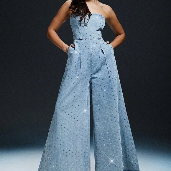 Light Wash Party Women's Rhinestone Detail Wide Leg Denim Jumpsuit - Picture 5 of 5